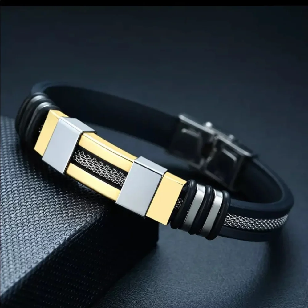 Water resistant Groove Wrap Men Metal Poly Stainless Steel Duo Bracelet